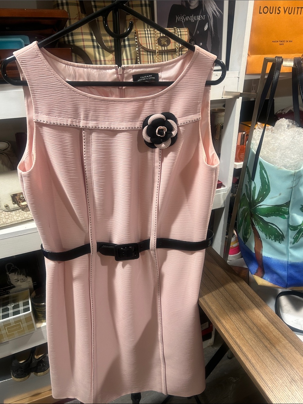 Tahari ASL Blush Pink Sleeveless Sheath Dress with Black Accents